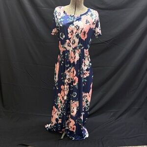Navy Floral Maxi Dress with Pink Blooms
